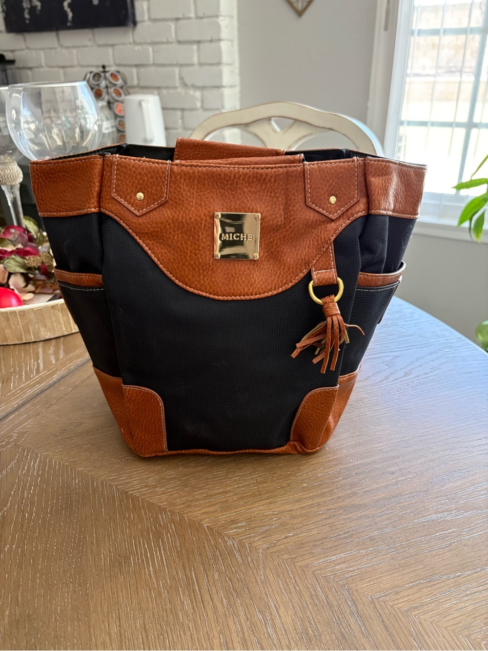 Miche Misty Brown & Black Tote with Floral Logo Plate